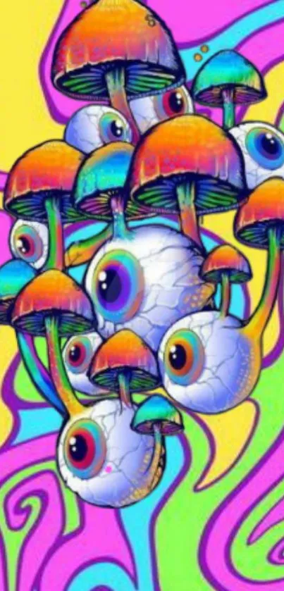 Trippy art with colorful mushrooms and eyeballs on a vibrant background.