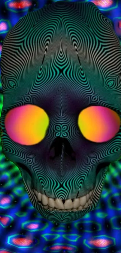 Trippy neon skull with psychedelic abstract patterns in vibrant colors.