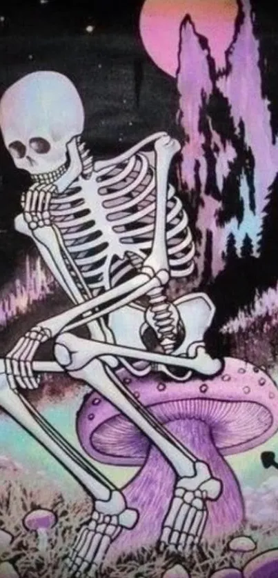 Skeleton sits on a mushroom under a cosmic purple sky with psychedelic vibes.