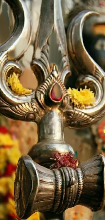 Silver trishul adorned with yellow flowers.