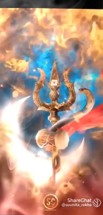 Trishula depicted with vibrant cosmic flames and glowing aura.