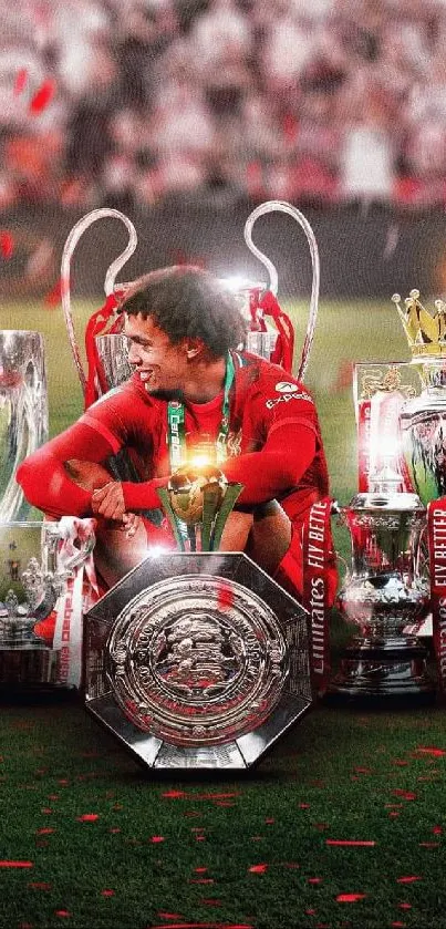 Football champion with trophies on green field, red dominates the scene.