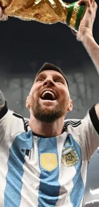 Football player celebrating victory with trophy, sky blue dominant color.