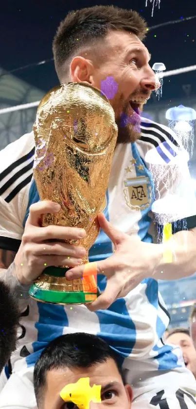 Soccer player celebrates with trophy high in the air, exuding joy and victory.