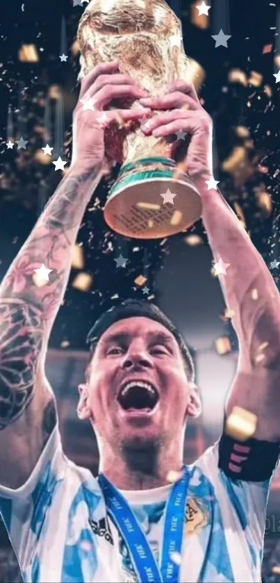 Soccer player jubilantly lifting trophy under bright lights.