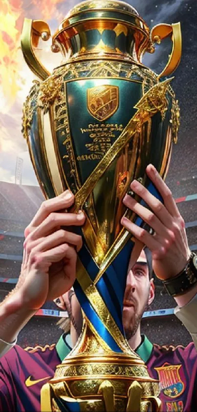 Hands holding a golden soccer trophy with stadium in background.