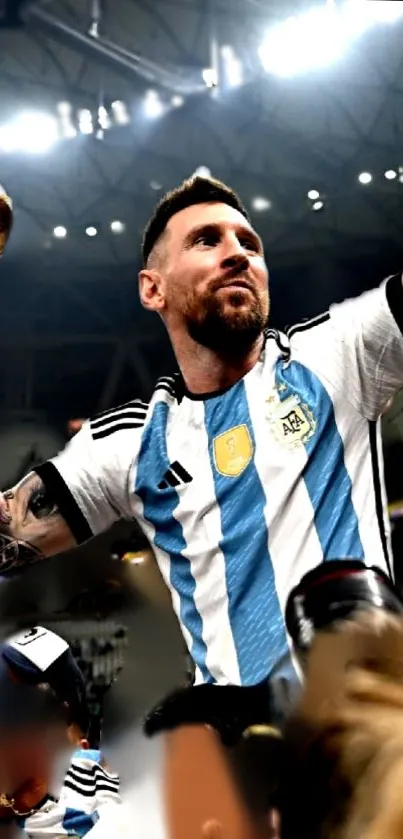 Soccer player holding a trophy in victory celebration.