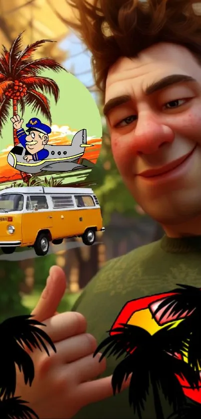 Cheerful character with palm trees and a vintage van in a cartoon style.