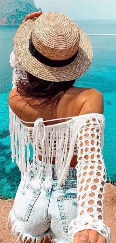 Woman in stylish attire explores tropical beach scenery.