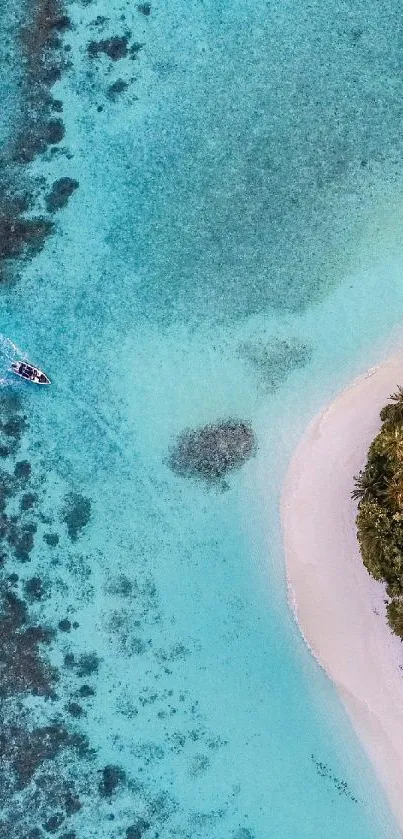 Aerial view of a tropical beach with turquoise waters and lush greenery.