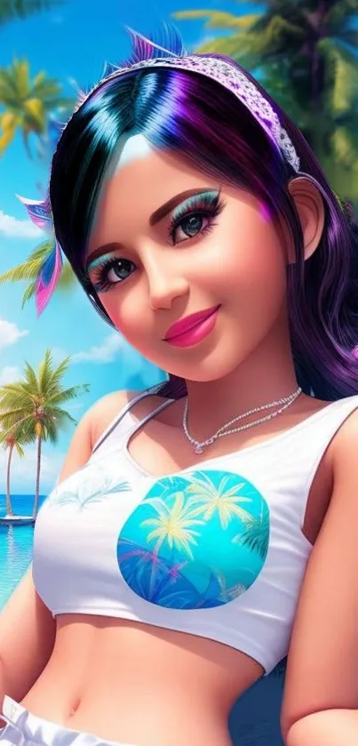 Animated girl with purple hair on a tropical beach.
