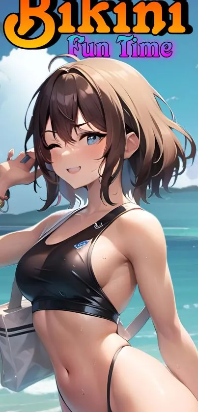 Anime character in bikini at tropical beach.