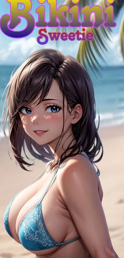 Anime girl in blue bikini on tropical beach.