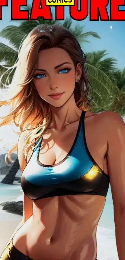 Anime character on a tropical beach with palm trees and ocean.