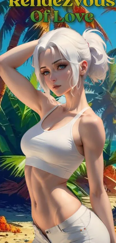 Anime character on tropical beach background.