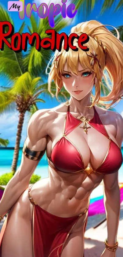 Anime character in a bikini at a tropical beach with palm trees and ocean.