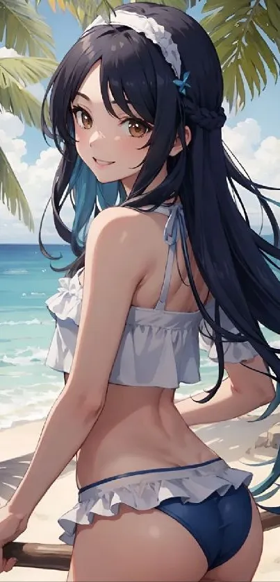 Anime girl at the beach with palm trees and ocean backdrop.
