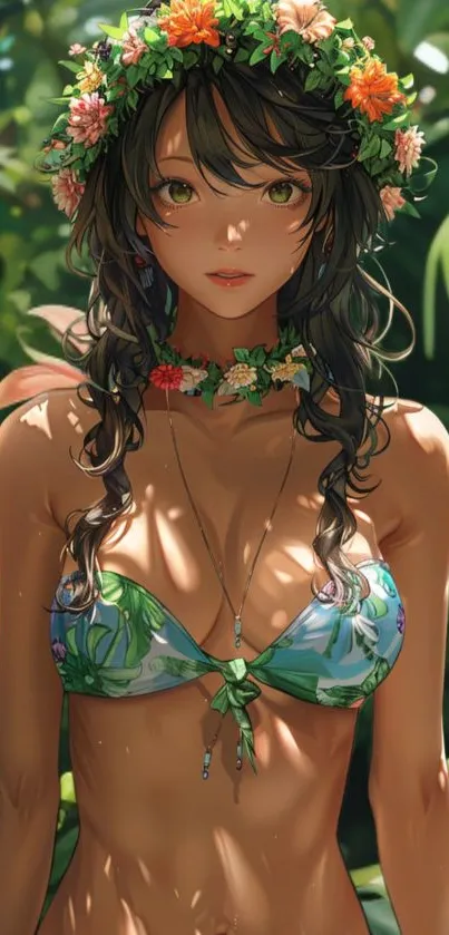 Tropical anime girl with floral crown.