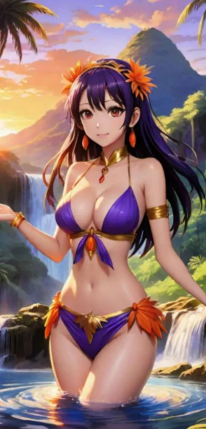 Anime character in tropical setting with waterfall and sunset.