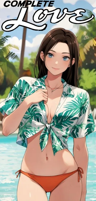 Anime girl near a pool with tropical background.