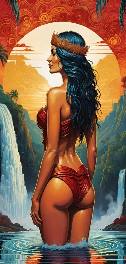 Tropical art wallpaper with a blue-haired woman and waterfalls.