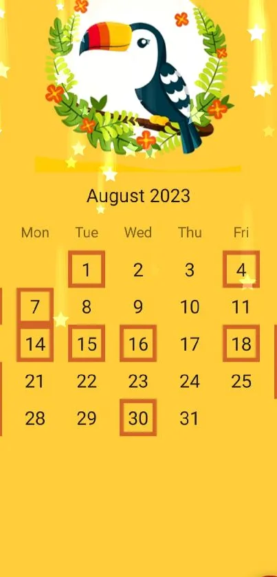 August 2023 calendar with toucan illustration on yellow background.