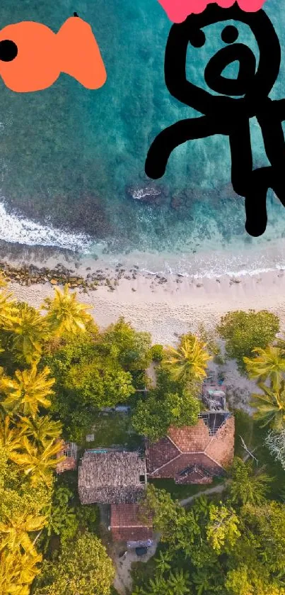 Aerial view of tropical beach with cartoon artwork.