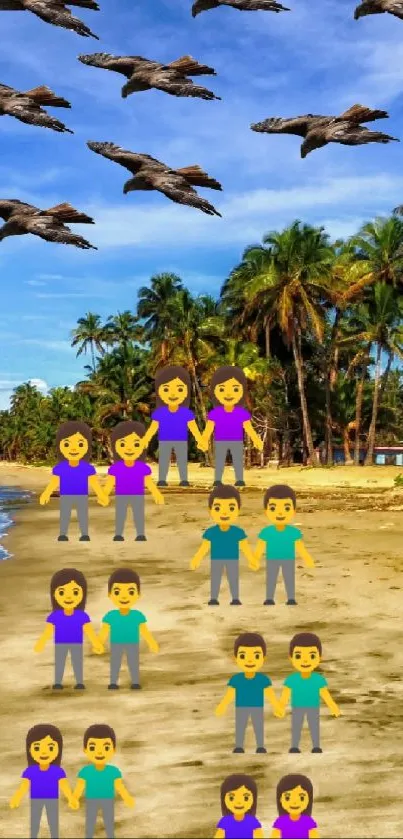 Artistic tropical beach scene with emojis and jets overhead.