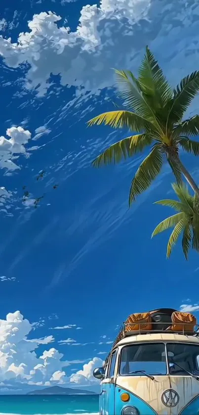 Vintage van on a tropical beach with palm trees under a clear blue sky.