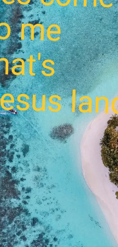 Aerial view of a tropical beach with turquoise waters and palm trees.