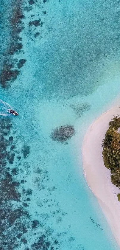 Aerial view of tropical beach with turquoise water and lush greenery.