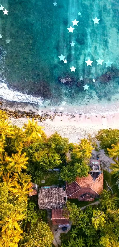 Aerial view of a tropical beach with lush greenery and turquoise water.