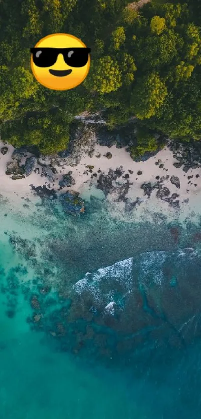 Aerial view of a tropical beach with lush greenery and turquoise water.