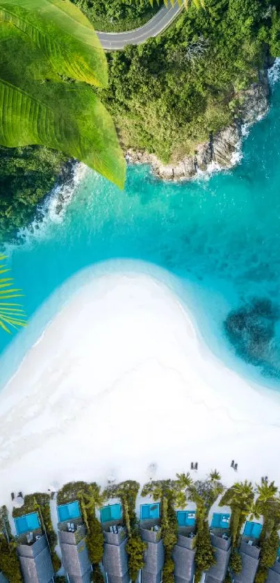 Aerial view of a stunning tropical beach with turquoise water and lush greenery.