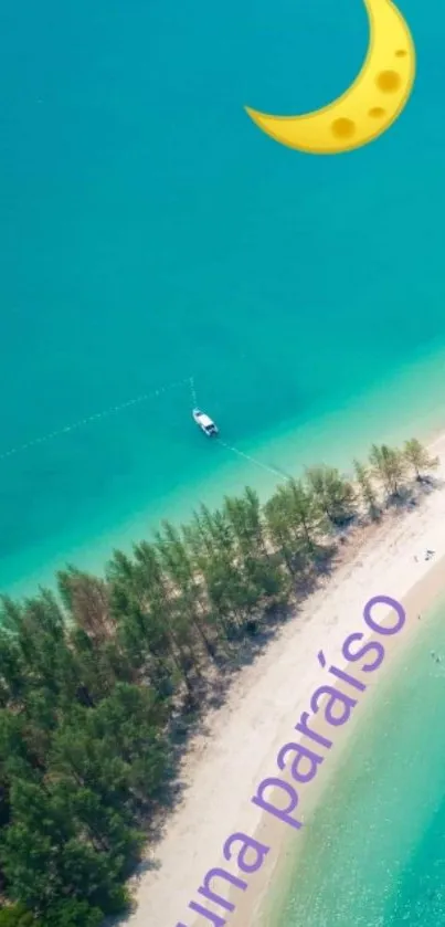 Aerial view of a tropical beach with turquoise waters and crescent moon.