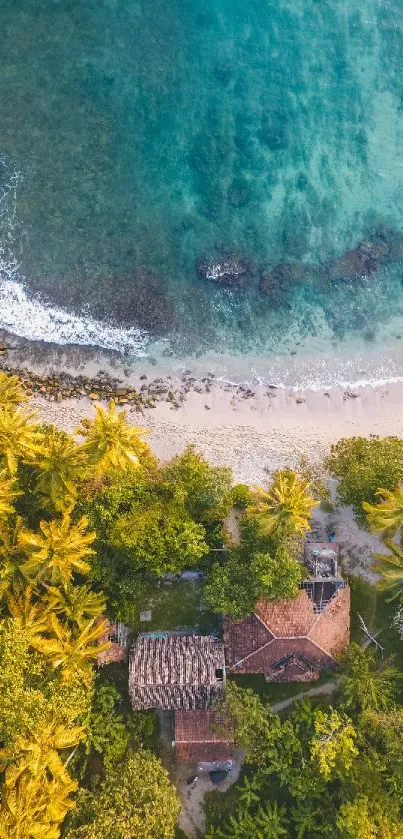 Aerial view of lush green tropical beach with vibrant blue waters and sandy shore.