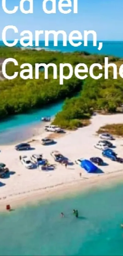 Aerial view of tropical beach in Campeche with clear turquoise waters.