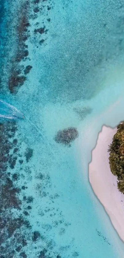 Aerial view of turquoise beach and lush island.