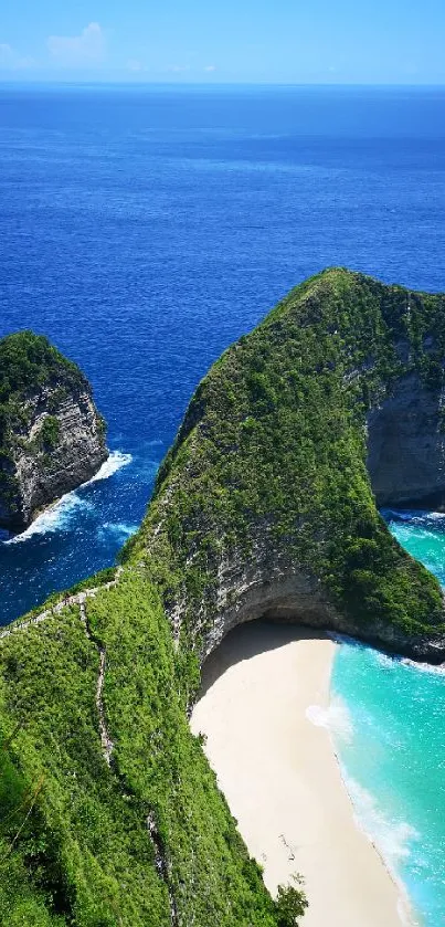 Aerial view of tropical beach with blue ocean and lush greenery.