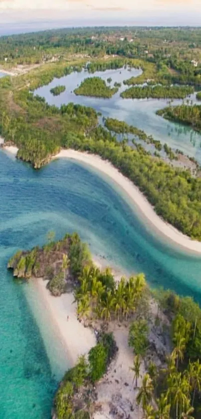 Aerial view of tropical beach with vibrant ocean and lush greenery.