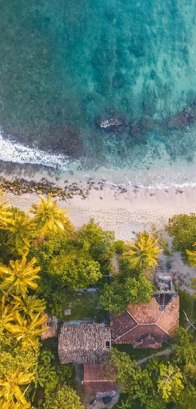 Aerial view of tropical beach with lush greenery and azure waters.