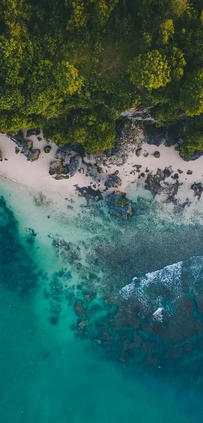 Aerial view of a tranquil tropical beach with lush greenery and turquoise waters.