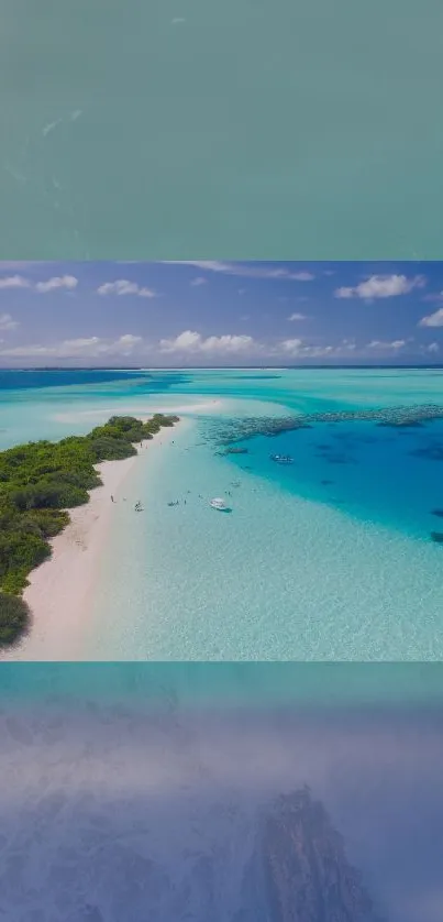 Aerial view of a stunning tropical beach with turquoise water and lush green island.