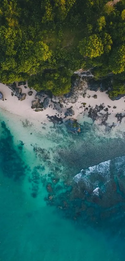 Aerial view of a tropical beach with lush forest and ocean waters.