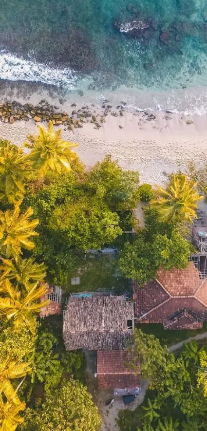 Aerial view of a tropical beach with lush greenery and turquoise ocean waters.