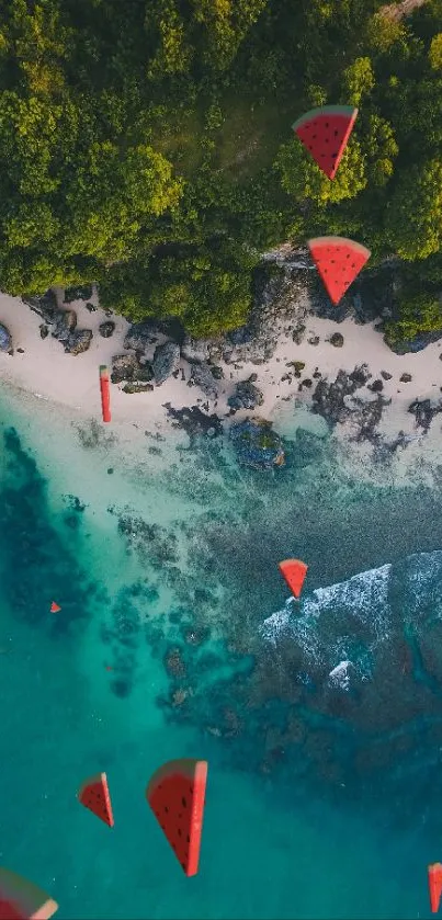 Aerial view of a tropical beach with lush greenery and turquoise waters.