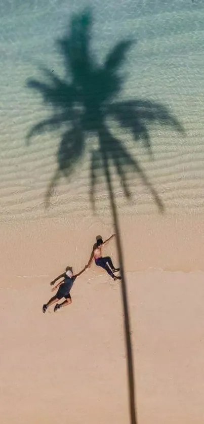 Aerial view of a sandy beach with a palm tree shadow.