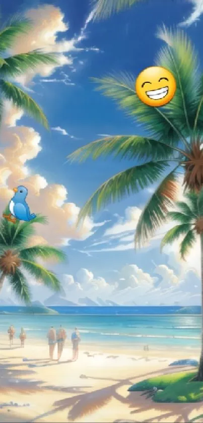 Whimsical tropical beach scene with palm trees and animated emojis under blue skies.