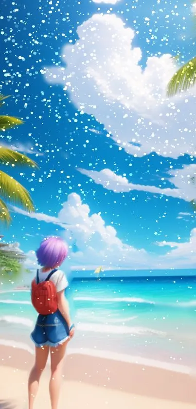 Anime girl with purple hair on a tropical beach with a blue sky.