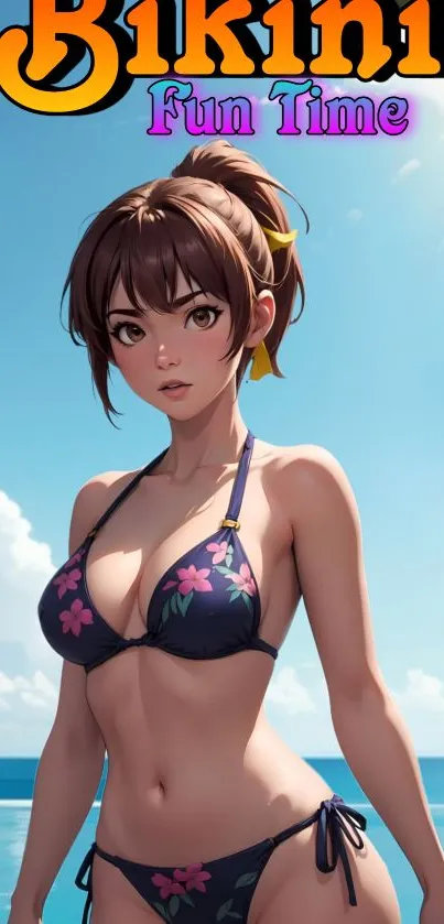 Anime girl in floral bikini at tropical beach.